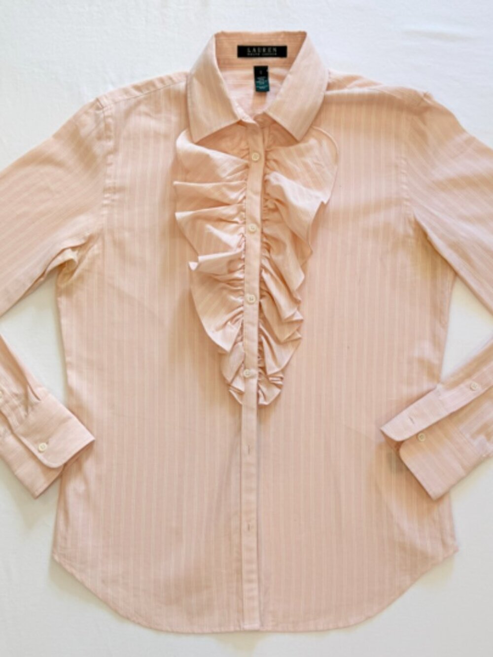 Lauren Ralph Lauren Blush Pink Ruffle Front Button Down Blouse Cotton Pinstripe
